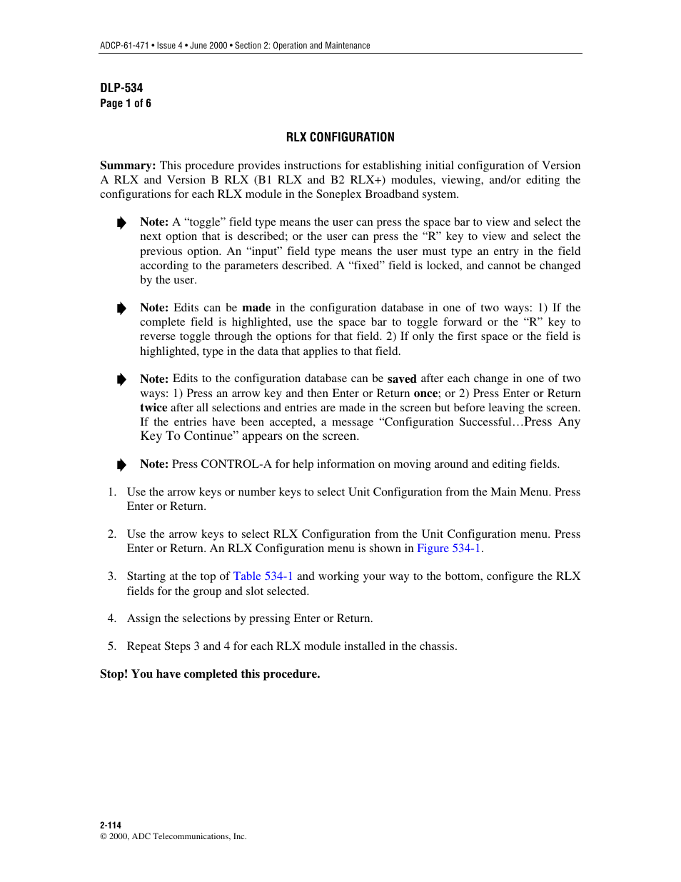 Rlx configuration, Dlp-534 | ADC Soneplex Broadband System User Manual | Page 137 / 342