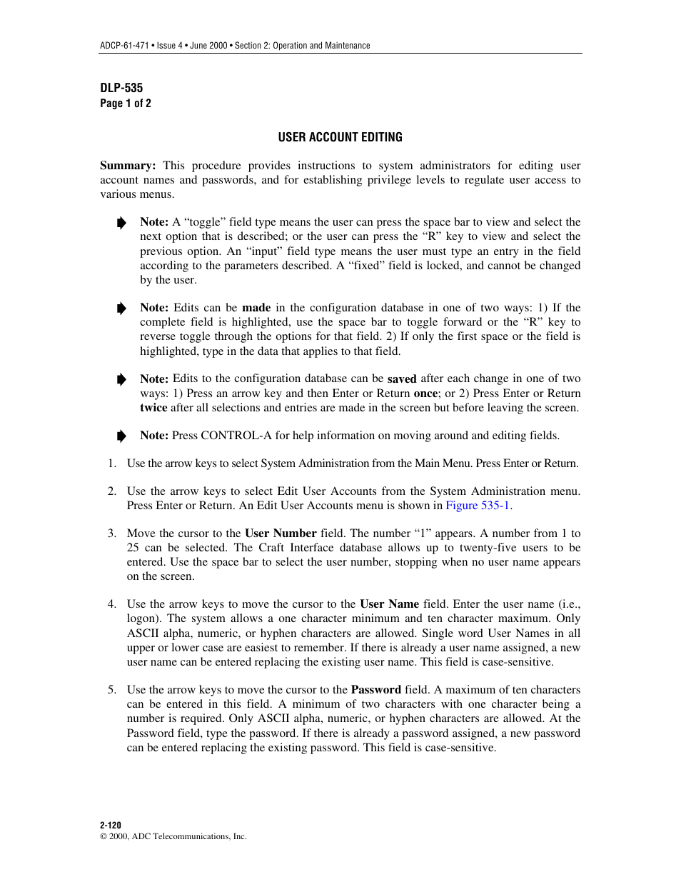 User account editing, Dlp-535 | ADC Soneplex Broadband System User Manual | Page 143 / 342