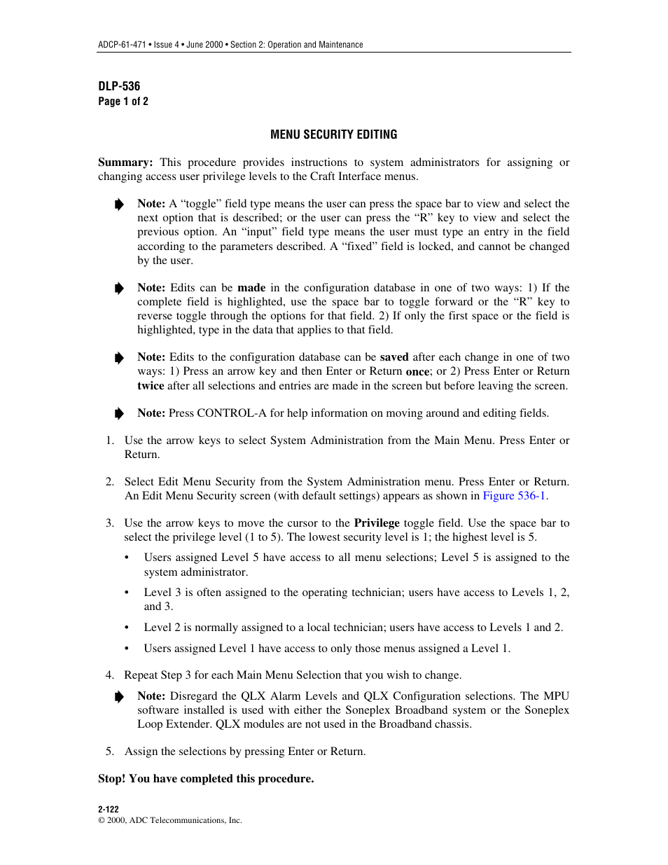 Menu security editing, Dlp-536 | ADC Soneplex Broadband System User Manual | Page 145 / 342