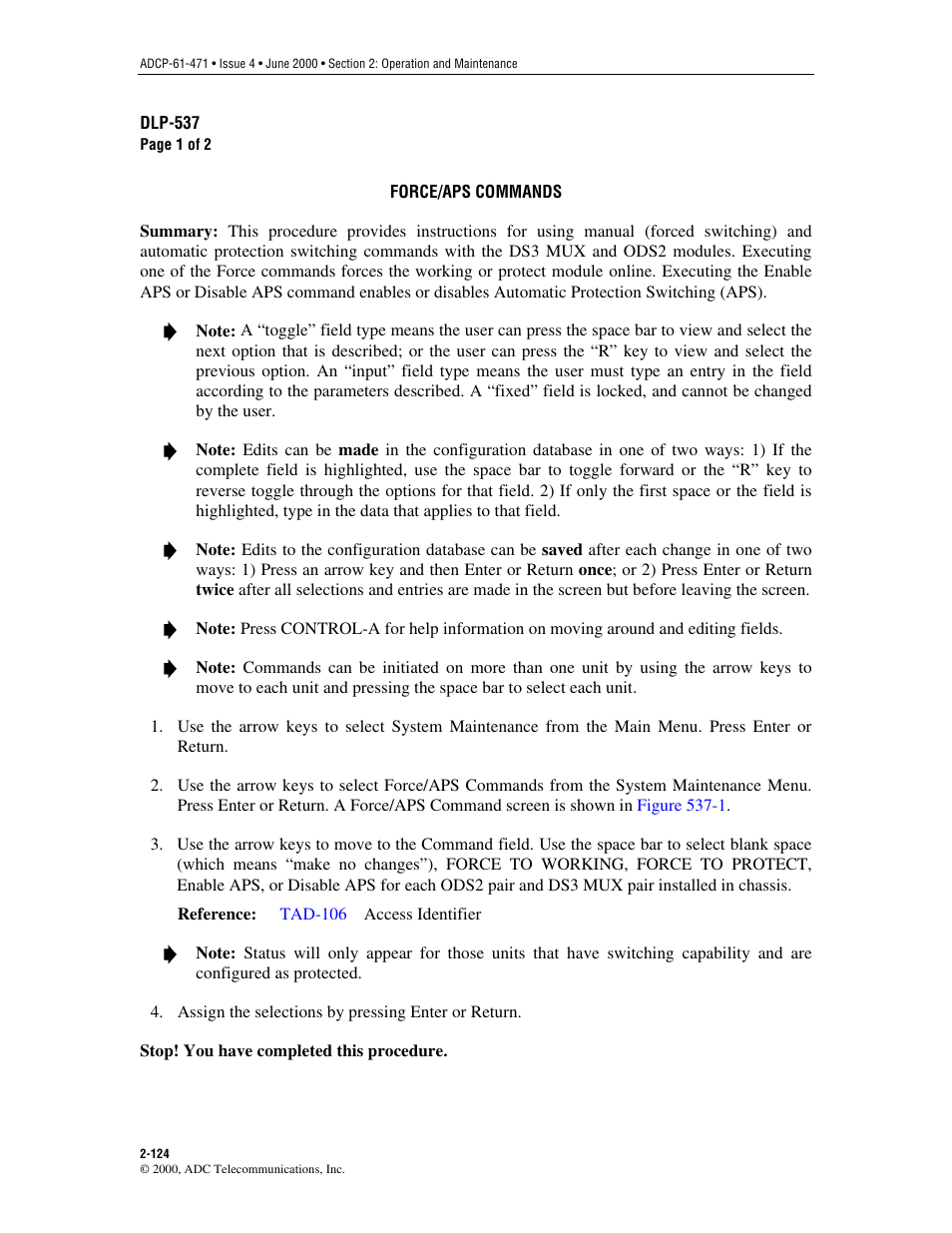 Force/aps commands, Dlp-537 | ADC Soneplex Broadband System User Manual | Page 147 / 342