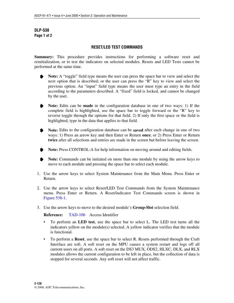 Reset/led test commands, Dlp-538 | ADC Soneplex Broadband System User Manual | Page 149 / 342