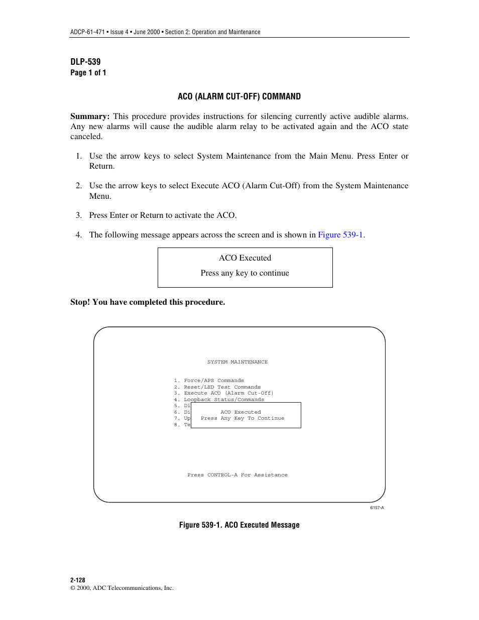 Aco (alarm cut-off) command, Dlp-539 | ADC Soneplex Broadband System User Manual | Page 151 / 342