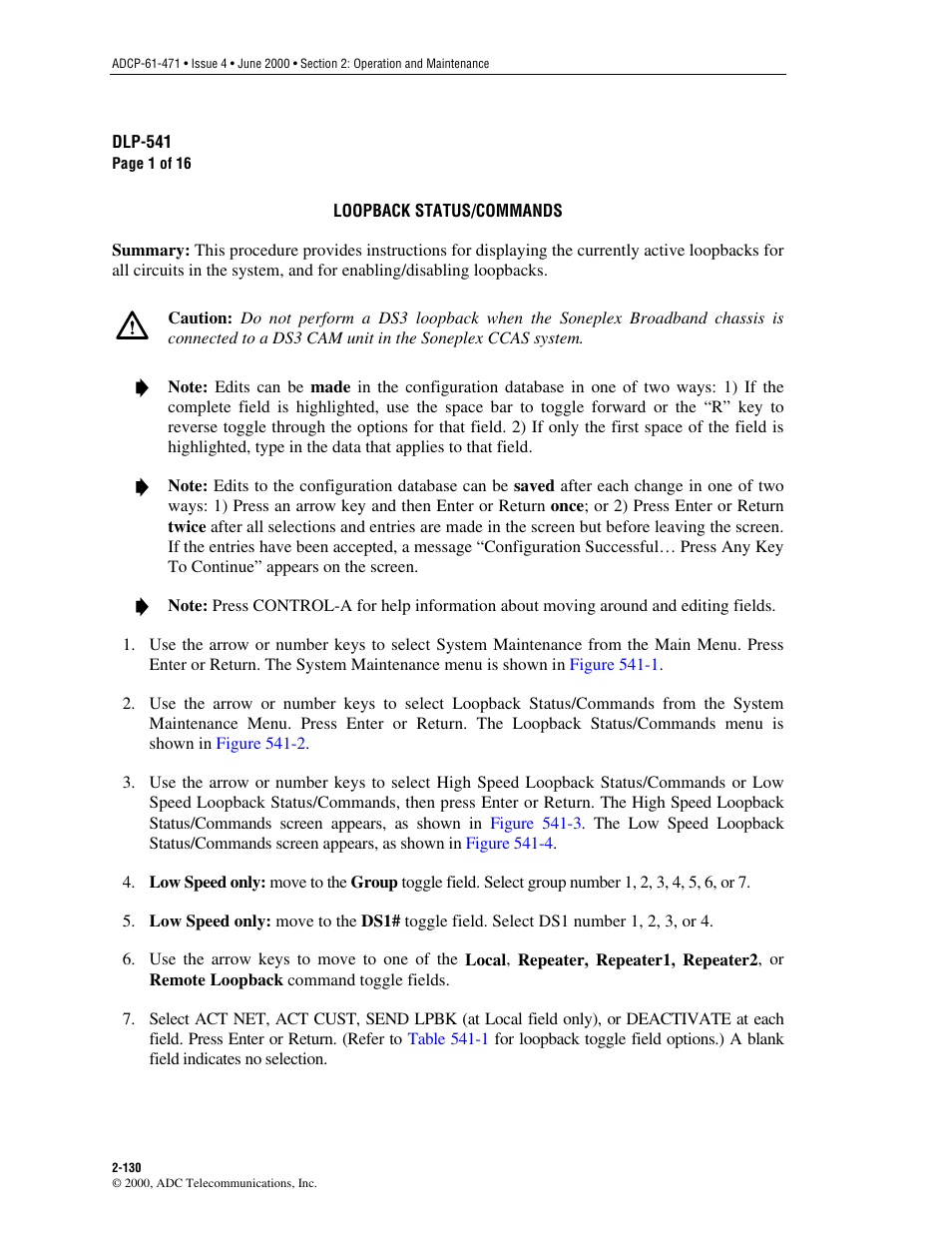 Loopback status/commands, Dlp-541 | ADC Soneplex Broadband System User Manual | Page 153 / 342