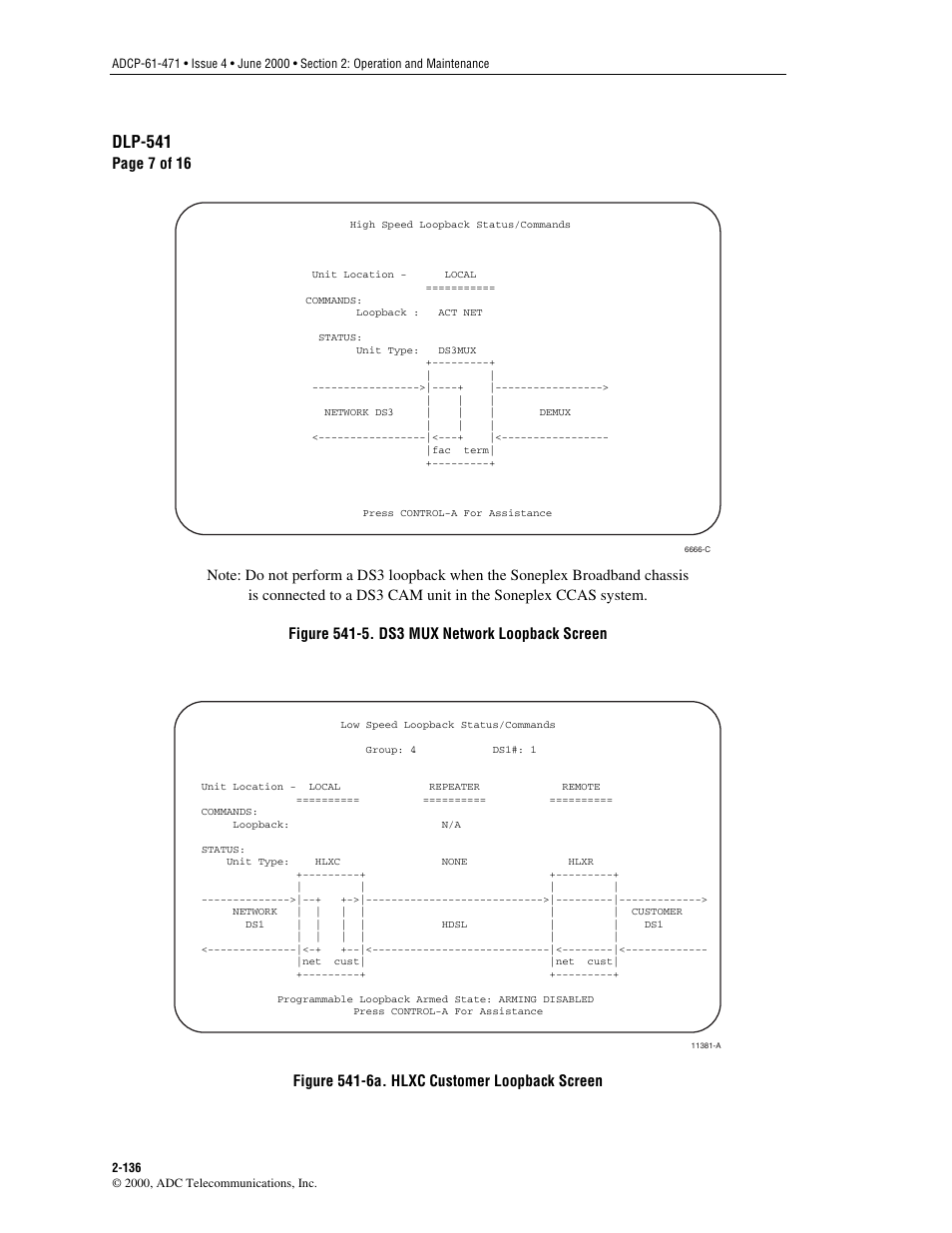 Figure 541-5, Figure 541-6a, Dlp-541 | Page 7 of 16, Network loopback screen, Figure 541-6a. hlxc, Customer loopback screen | ADC Soneplex Broadband System User Manual | Page 159 / 342