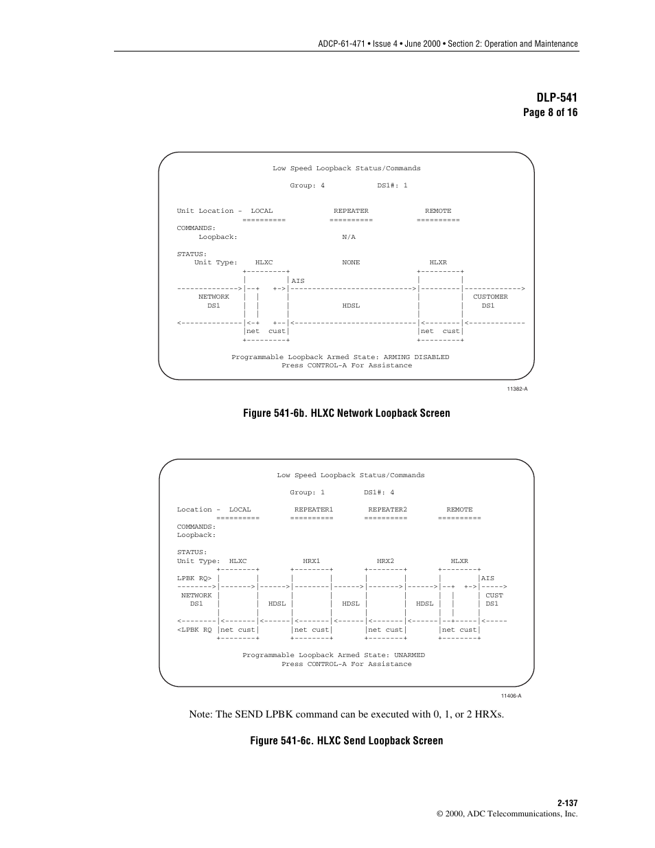 Figure 541-6b, Figure 541-6c, Dlp-541 | Page 8 of 16, Figure 541-6b. hlxc, Network loopback screen | ADC Soneplex Broadband System User Manual | Page 160 / 342