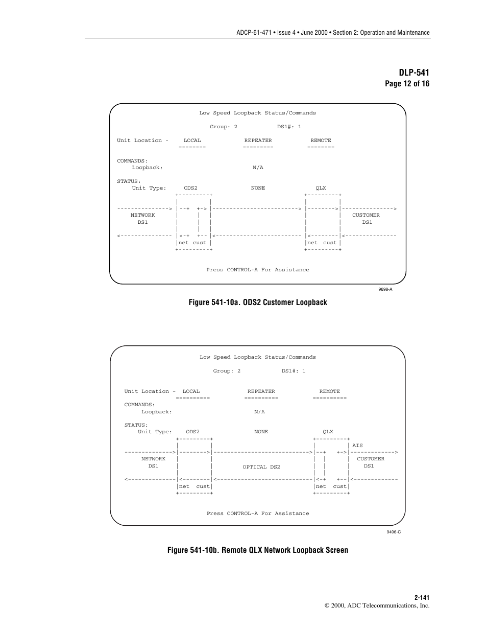 Figure 541-10a, Figure 541-10b, Dlp-541 | Page 12 of 16, Customer loopback, Network loopback screen | ADC Soneplex Broadband System User Manual | Page 164 / 342