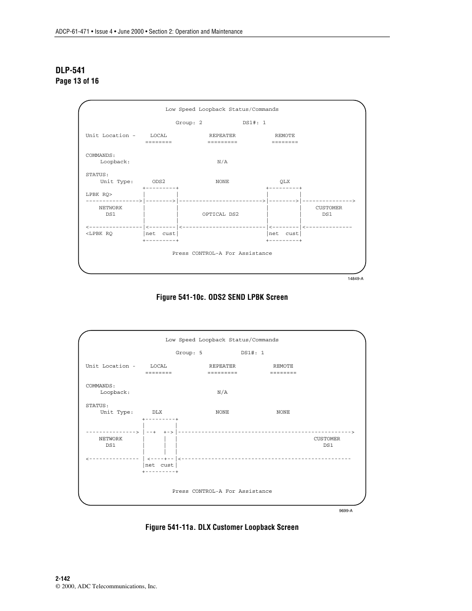 Figure 541-10c, Figure 541-11a, Dlp-541 | Page 13 of 16, Customer loopback screen | ADC Soneplex Broadband System User Manual | Page 165 / 342