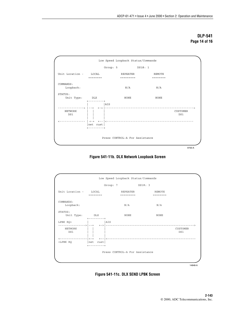 Figure 541-11b, Figure 541-11c, Dlp-541 | Page 14 of 16, Network loopback screen | ADC Soneplex Broadband System User Manual | Page 166 / 342