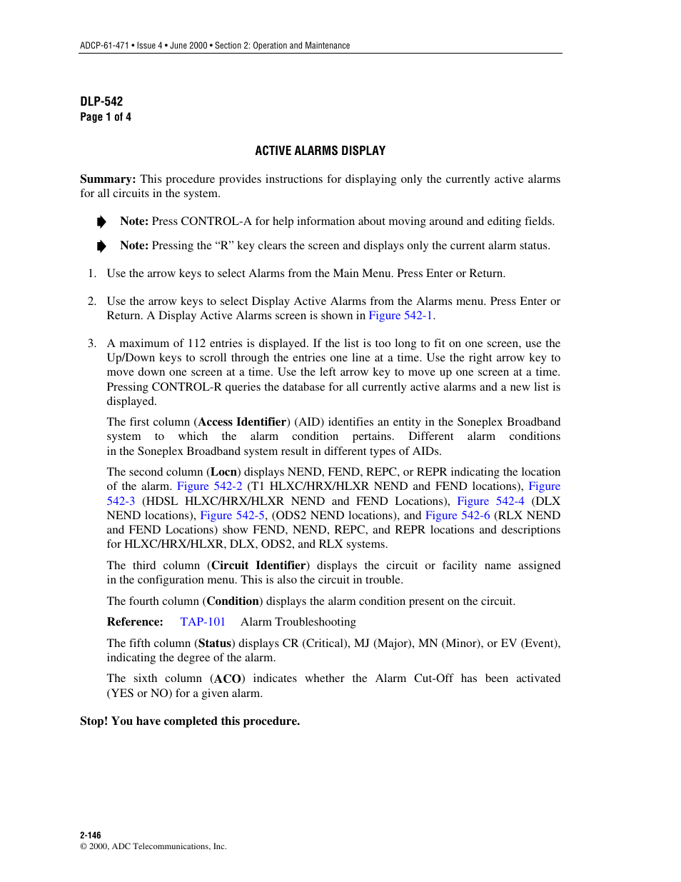 Active alarms display, Dlp-542 | ADC Soneplex Broadband System User Manual | Page 169 / 342