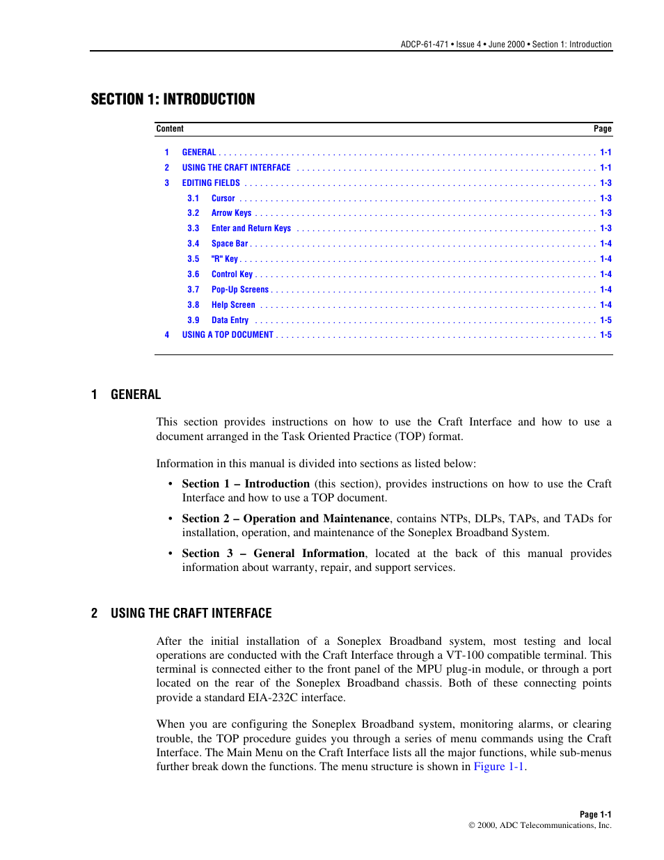 General, Using the craft interface, Section 1 | Introduction, General -1, Using the craft interface -1, 1 general, 2 using the craft interface | ADC Soneplex Broadband System User Manual | Page 17 / 342