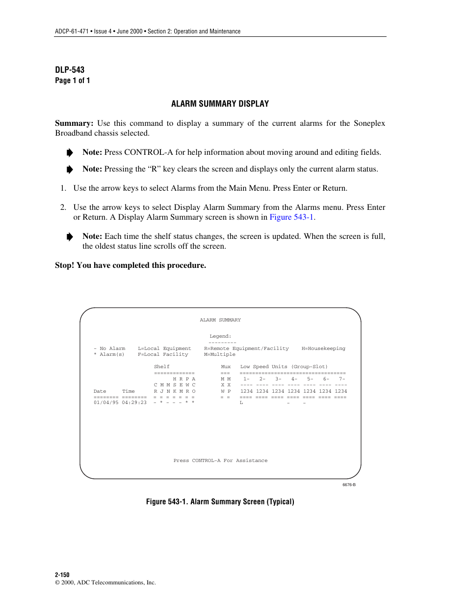 Alarm summary display, Dlp-543 | ADC Soneplex Broadband System User Manual | Page 173 / 342