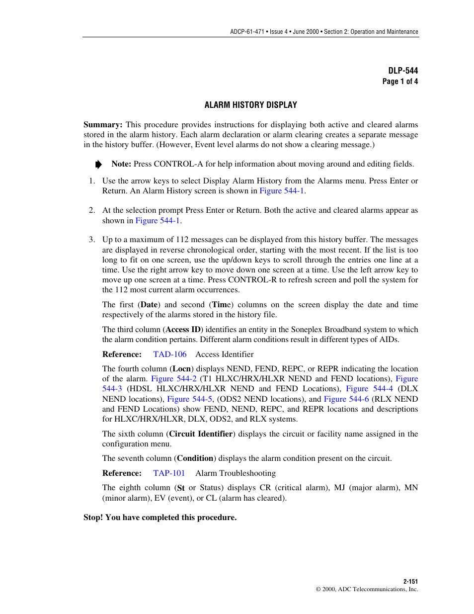 Alarm history display, Dlp-544 | ADC Soneplex Broadband System User Manual | Page 174 / 342