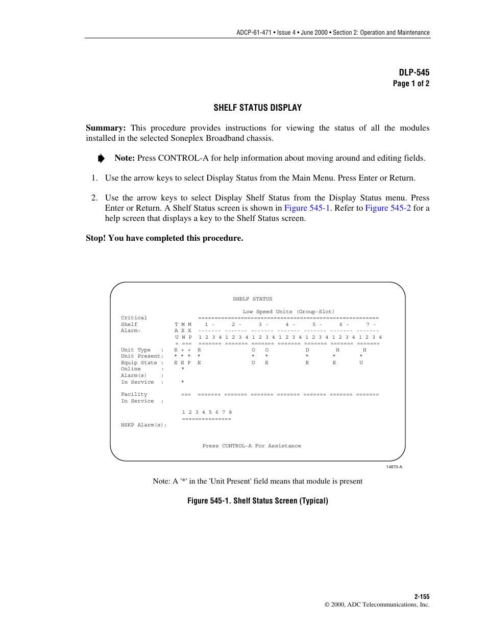 Shelf status display, Dlp-545 | ADC Soneplex Broadband System User Manual | Page 178 / 342