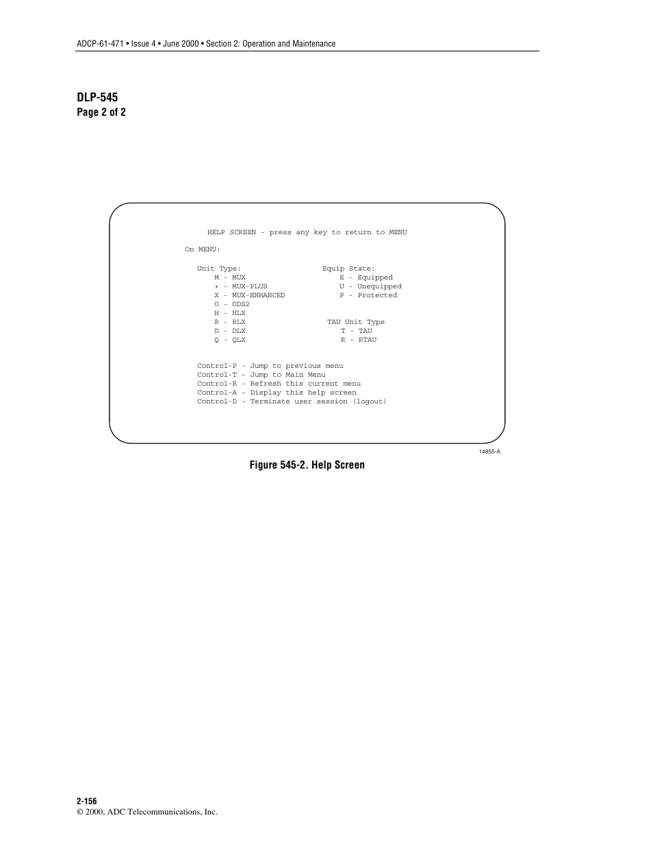Dlp-545, Page 2 of 2, Figure 545-2. help screen | ADC Soneplex Broadband System User Manual | Page 179 / 342