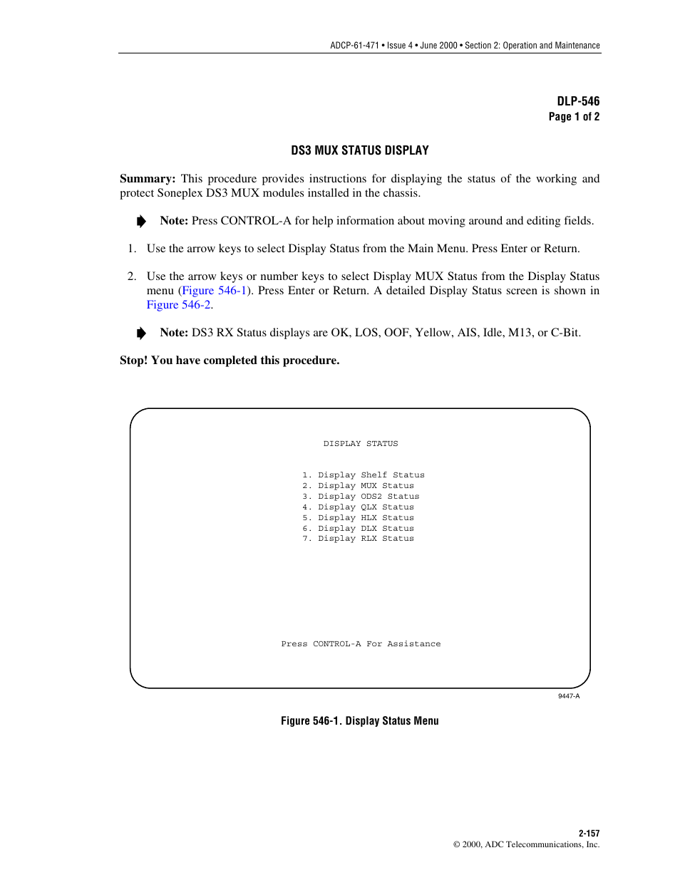 Ds3 mux status display, Dlp-546 | ADC Soneplex Broadband System User Manual | Page 180 / 342