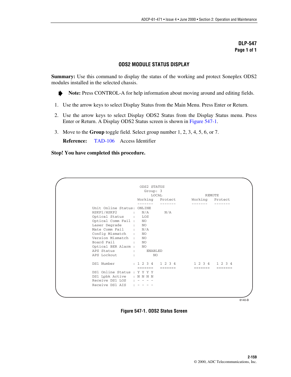 Ods2 module status display, Dlp-547 | ADC Soneplex Broadband System User Manual | Page 182 / 342