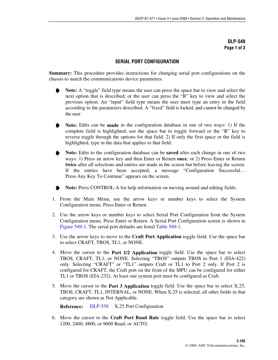 Serial port configuraiton, Dlp-549 | ADC Soneplex Broadband System User Manual | Page 188 / 342