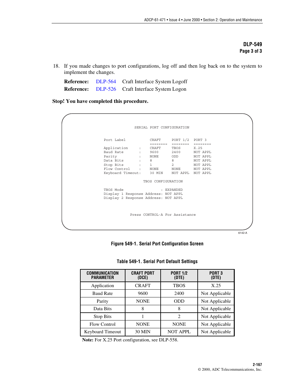 Listed in, Table 549-1, Figure 549-1 | The serial port defaults are listed | ADC Soneplex Broadband System User Manual | Page 190 / 342