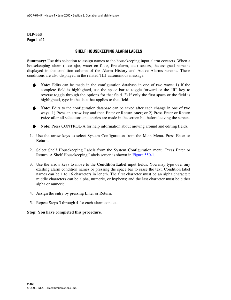 Shelf housekeeping alarm labels, Dlp-550 | ADC Soneplex Broadband System User Manual | Page 191 / 342