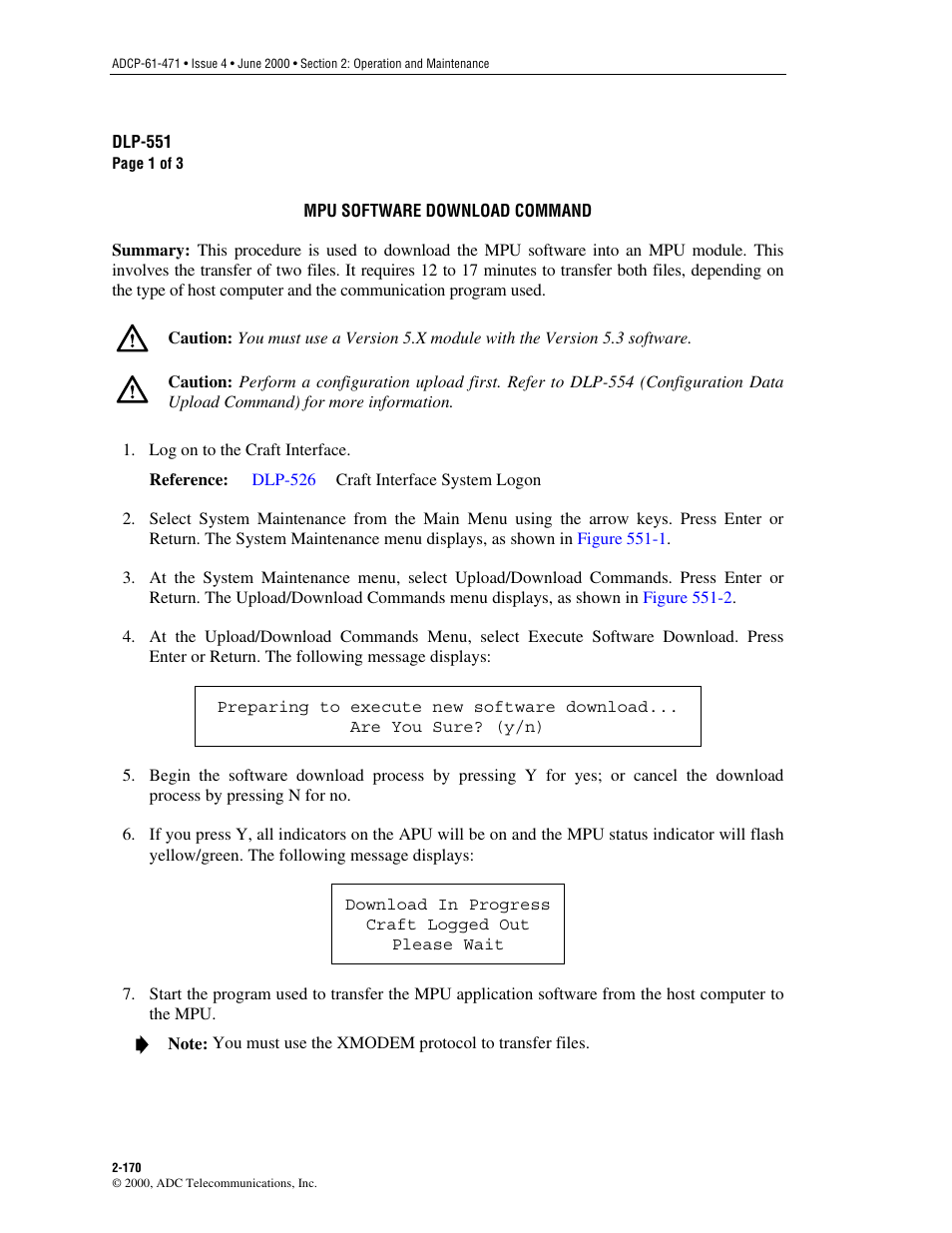 Mpu software download command, Dlp-551 | ADC Soneplex Broadband System User Manual | Page 193 / 342