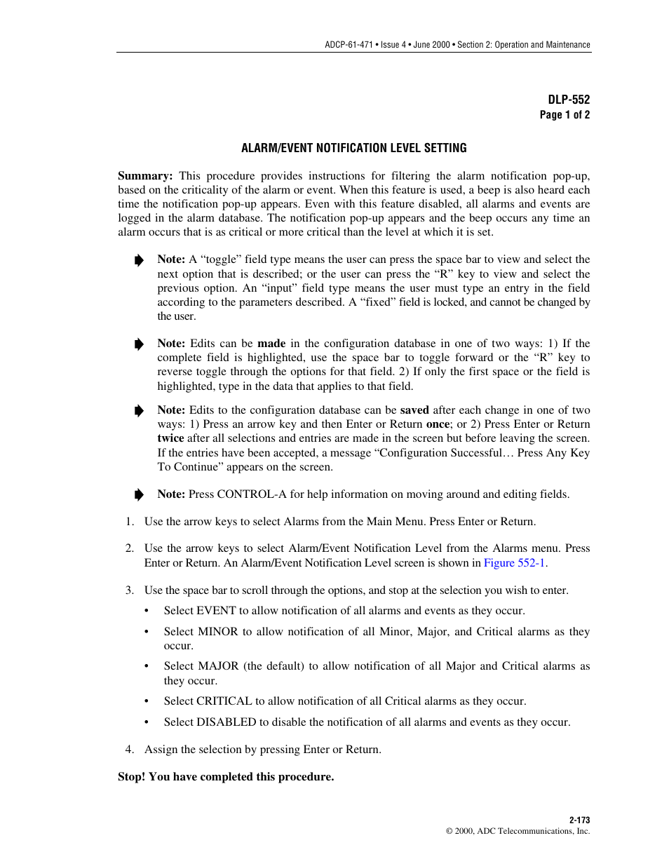 Alarm/event notification level setting, Dlp-552 | ADC Soneplex Broadband System User Manual | Page 196 / 342