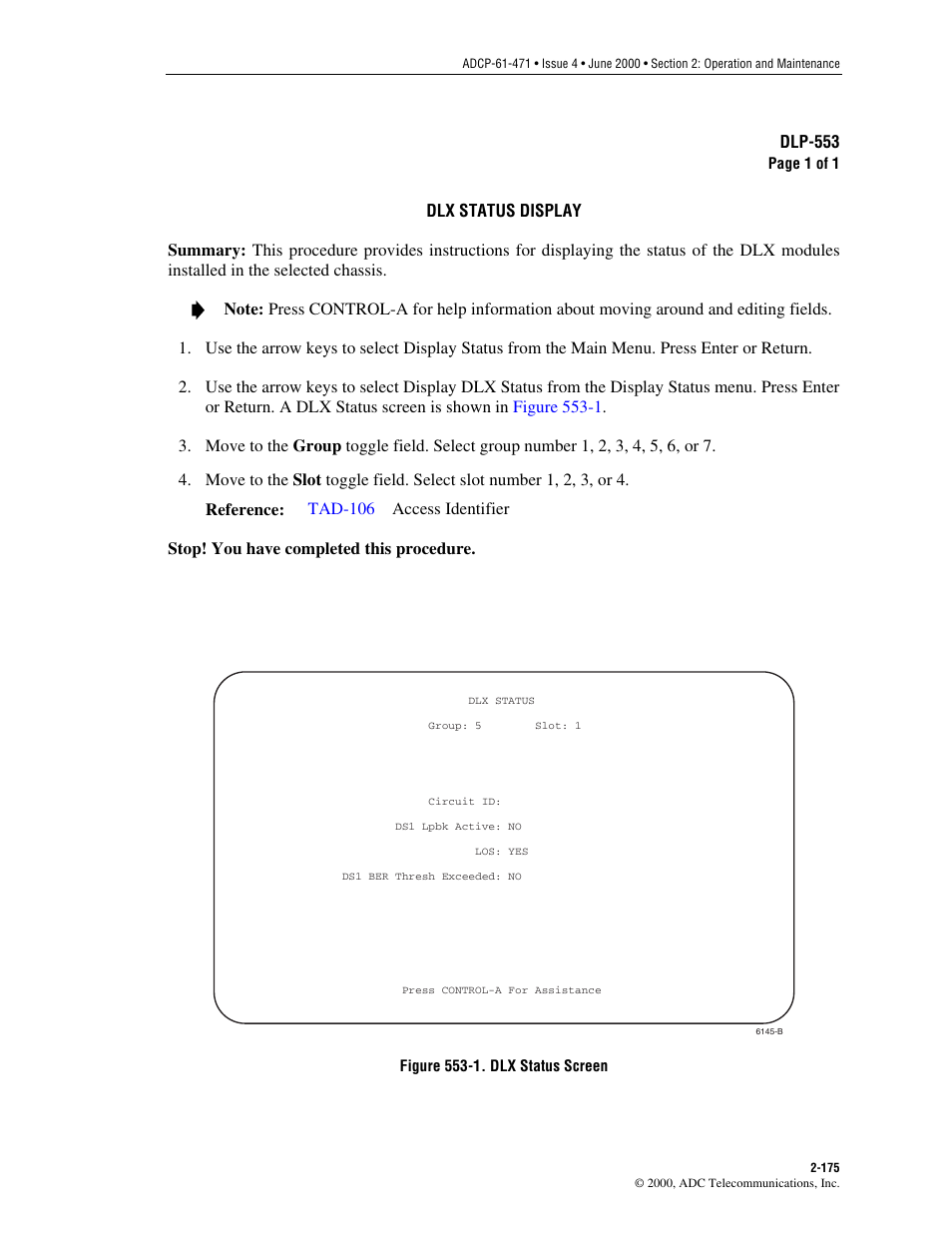Dlx status display, Dlp-553 | ADC Soneplex Broadband System User Manual | Page 198 / 342