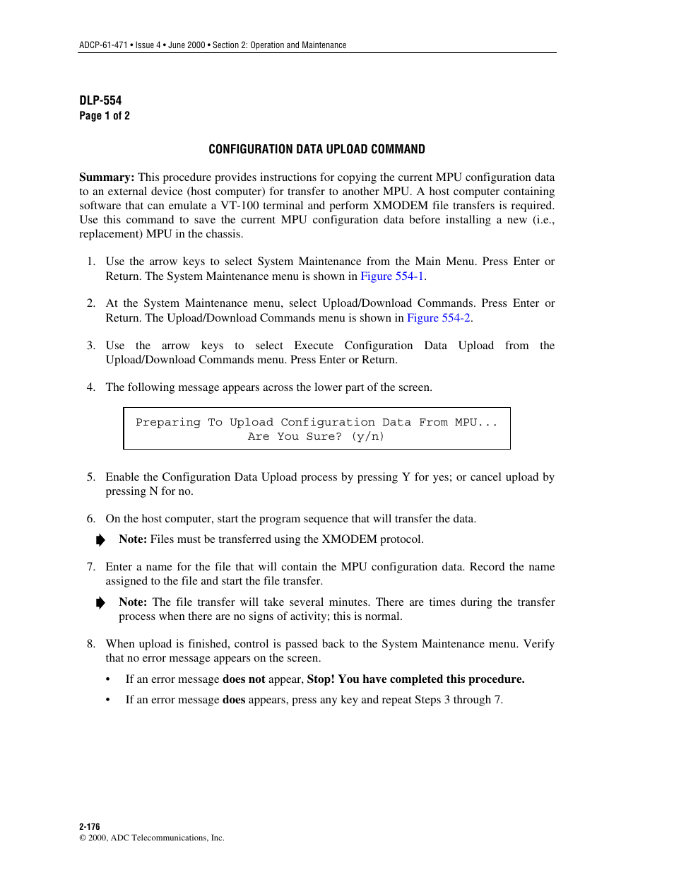 Configuration data upload command, Dlp-554 | ADC Soneplex Broadband System User Manual | Page 199 / 342