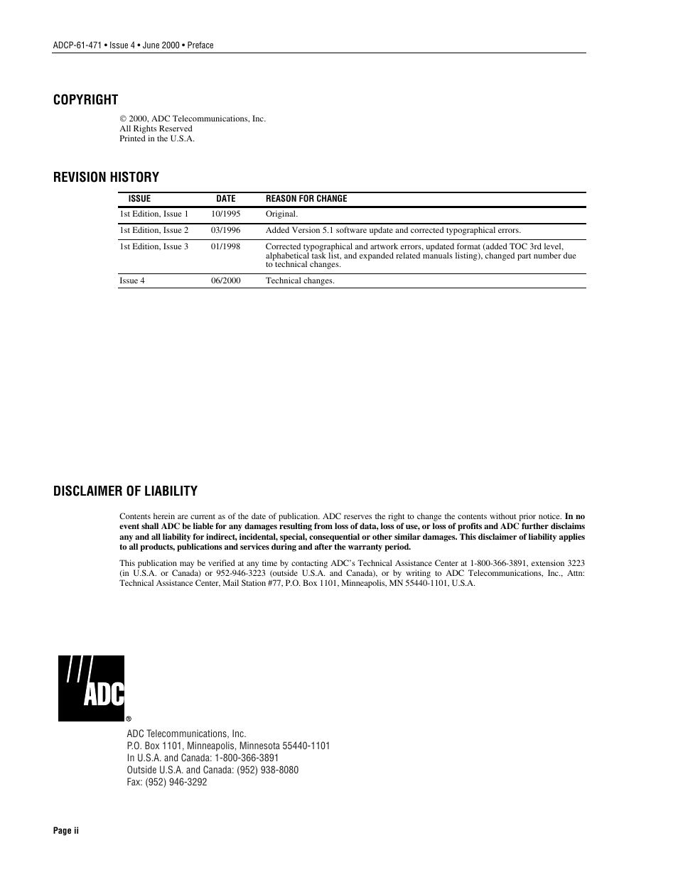 Preface, Copyright, Revision history | Disclaimer of liability | ADC Soneplex Broadband System User Manual | Page 2 / 342