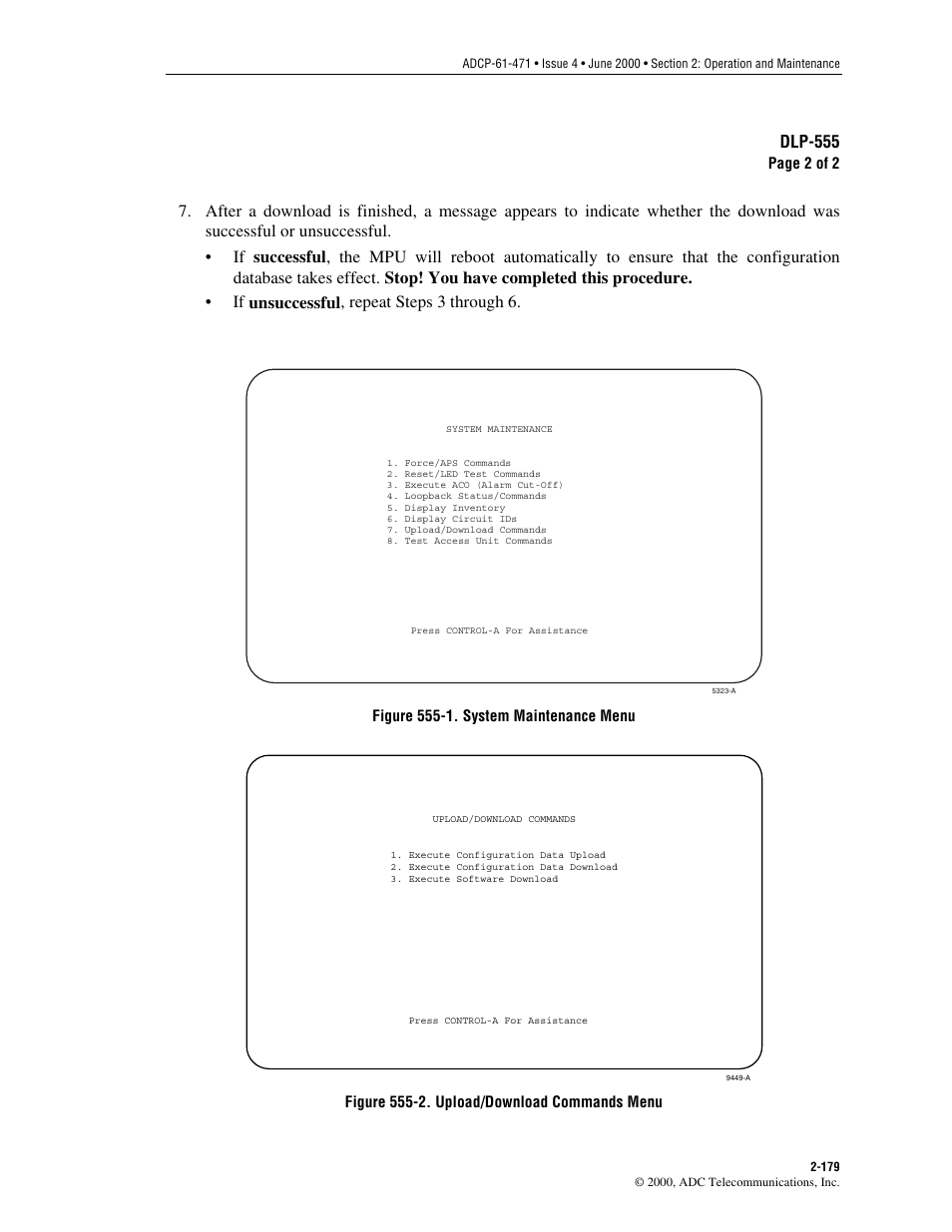 Return. the system maintenance menu is shown in, Figure 555-1, Figure 555-2 | Dlp-555 | ADC Soneplex Broadband System User Manual | Page 202 / 342