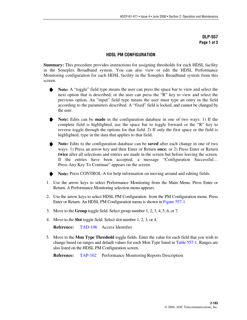 Hdsl pm configuration, Dlp-557 | ADC Soneplex Broadband System User Manual | Page 206 / 342