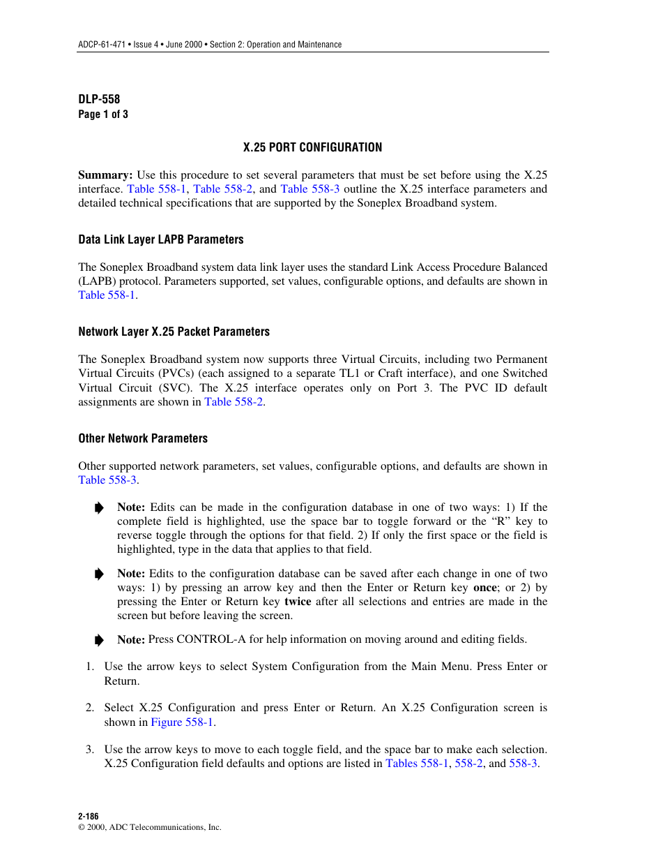 X.25 port configuration, Dlp-558 | ADC Soneplex Broadband System User Manual | Page 209 / 342