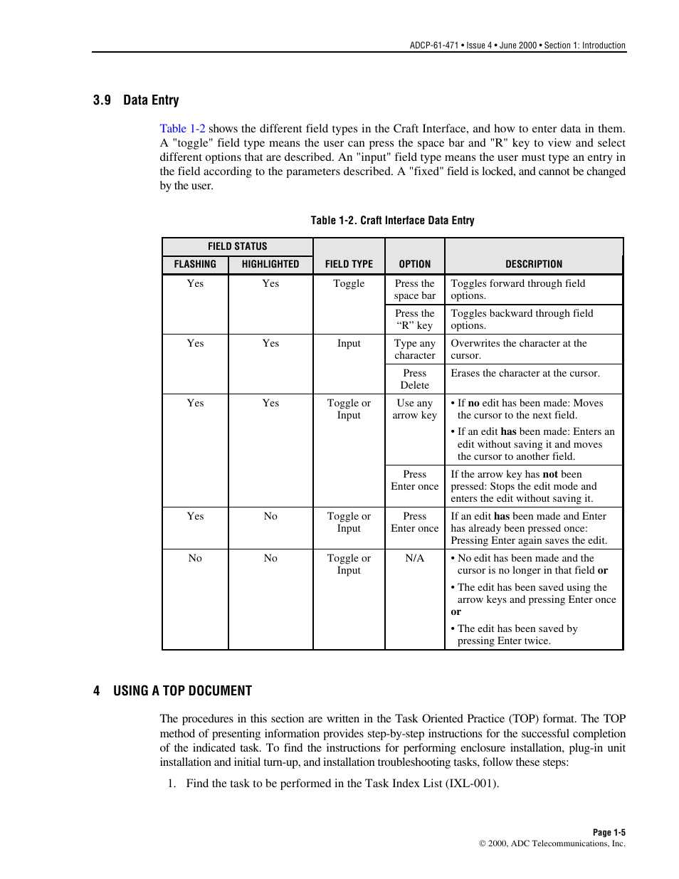 Data entry, Using a top document, Data entry -5 | Using a top document -5 | ADC Soneplex Broadband System User Manual | Page 21 / 342