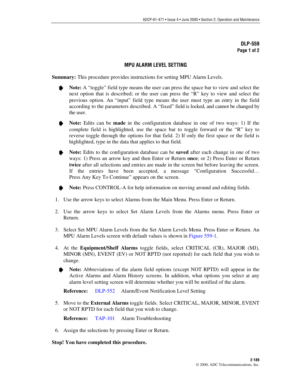 Mpu alarm level setting, Dlp-559 | ADC Soneplex Broadband System User Manual | Page 212 / 342