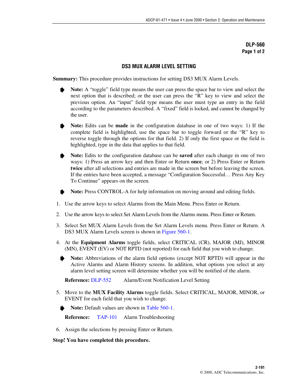 Ds3 mux alarm level setting, Dlp-560 | ADC Soneplex Broadband System User Manual | Page 214 / 342