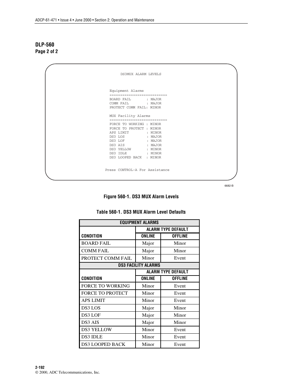 Ds3 mux alarm levels screen is shown in, Figure 560-1, Default values are shown in | Table 560-1 | ADC Soneplex Broadband System User Manual | Page 215 / 342