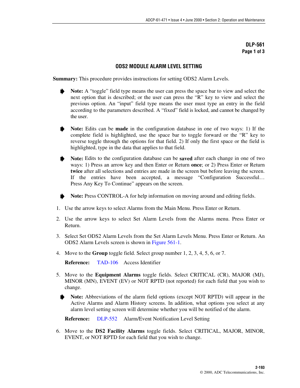 Ods2 module alarm level setting, Dlp-561 | ADC Soneplex Broadband System User Manual | Page 216 / 342