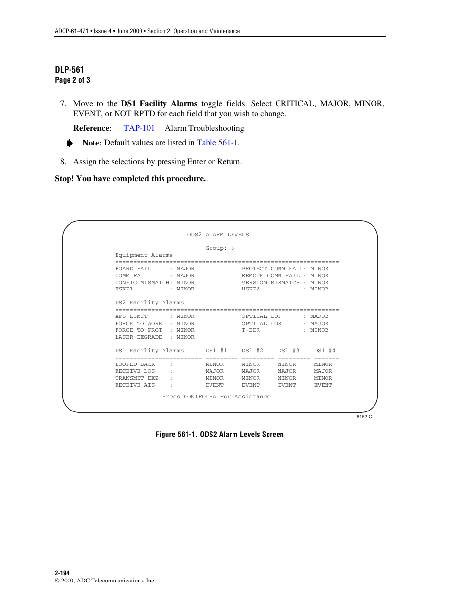 Ods2 alarm levels screen is shown in, Figure 561-1 | ADC Soneplex Broadband System User Manual | Page 217 / 342