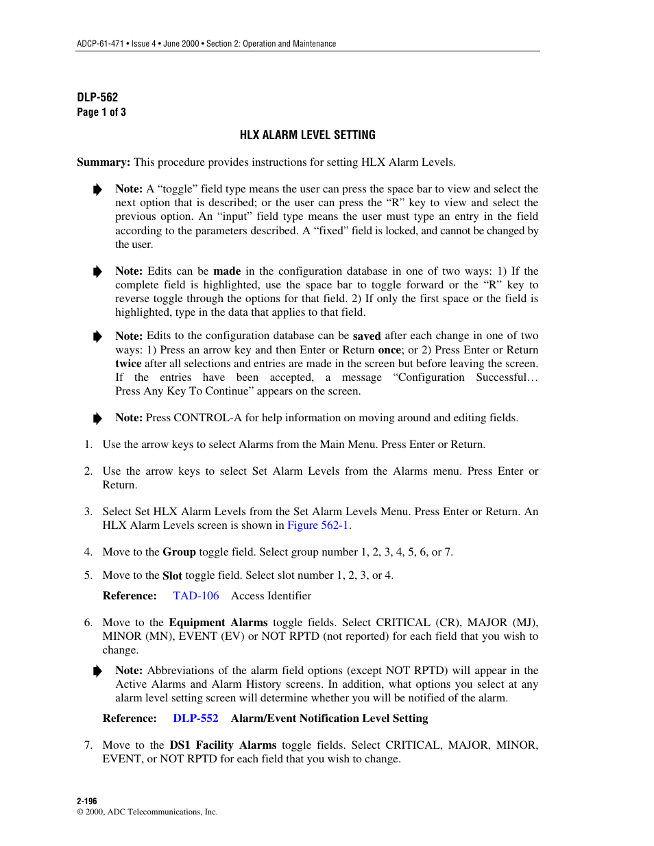 Hlx alarm level setting, Dlp-562 | ADC Soneplex Broadband System User Manual | Page 219 / 342