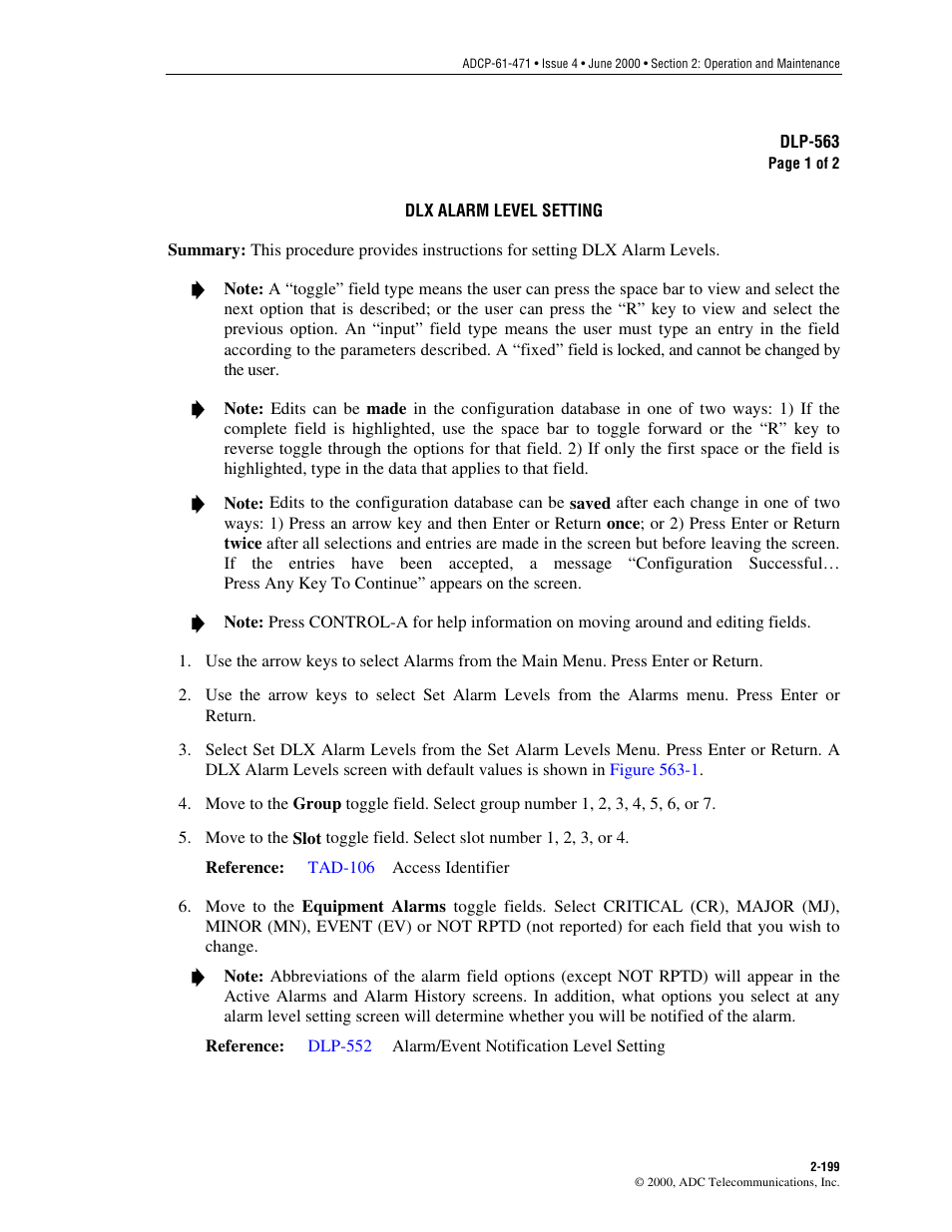 Dlx alarm level setting, Dlp-563 | ADC Soneplex Broadband System User Manual | Page 222 / 342