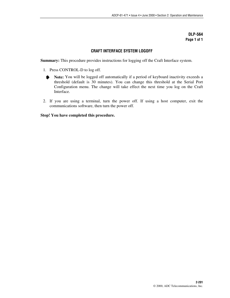 Craft interface system logoff, Dlp-564, Interface | ADC Soneplex Broadband System User Manual | Page 224 / 342