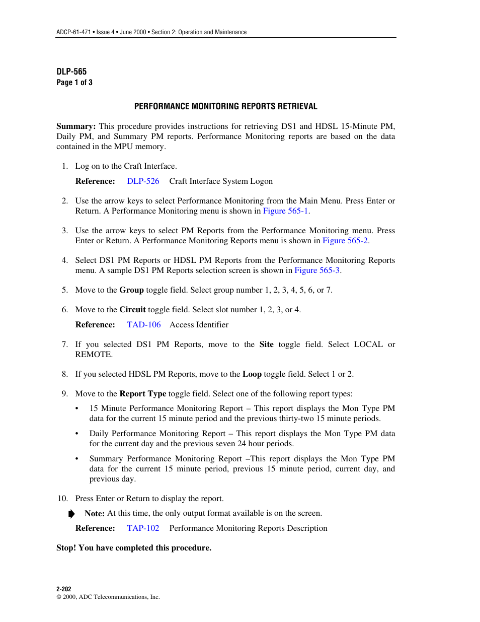 Performance monitoring reports retrieval, Dlp-565 | ADC Soneplex Broadband System User Manual | Page 225 / 342