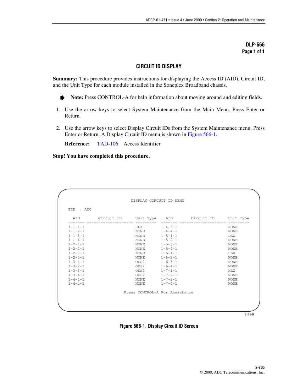 Circuit id display, Dlp-566 | ADC Soneplex Broadband System User Manual | Page 228 / 342