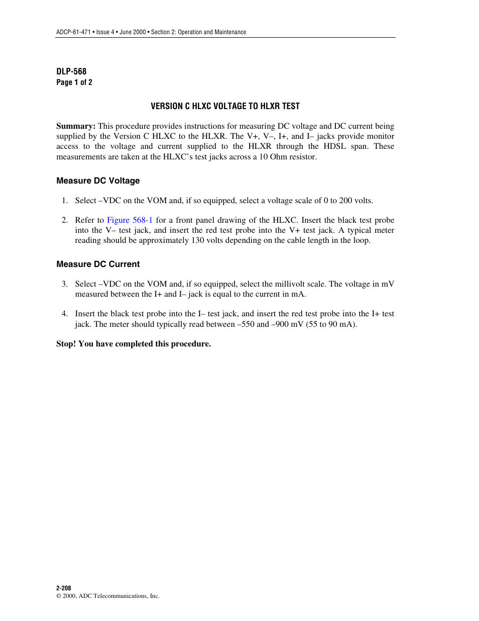 Version c hlxc voltage to hlxr test, Dlp-568 | ADC Soneplex Broadband System User Manual | Page 231 / 342