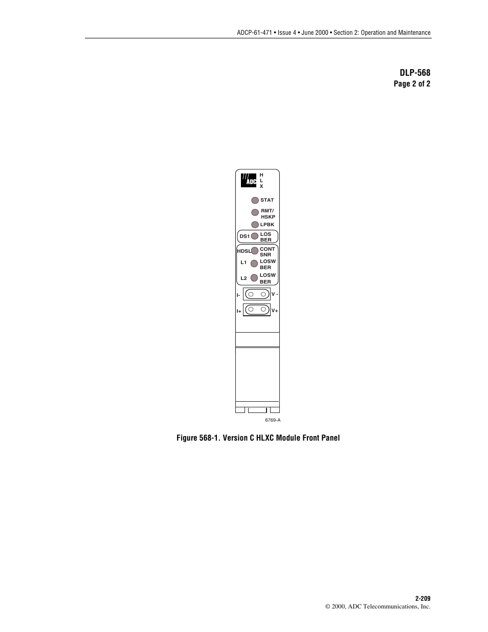 Dlp-568, Page 2 of 2, Figure 568-1. version c hlxc module front panel | ADC Soneplex Broadband System User Manual | Page 232 / 342