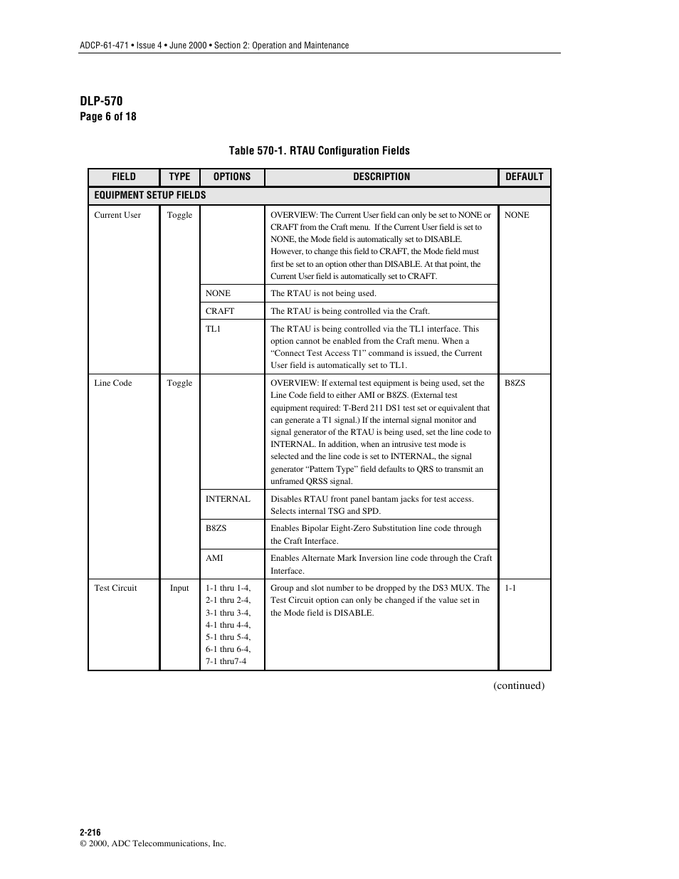 Table 570-1, For details regarding parameter options, Dlp-570 | ADC Soneplex Broadband System User Manual | Page 239 / 342