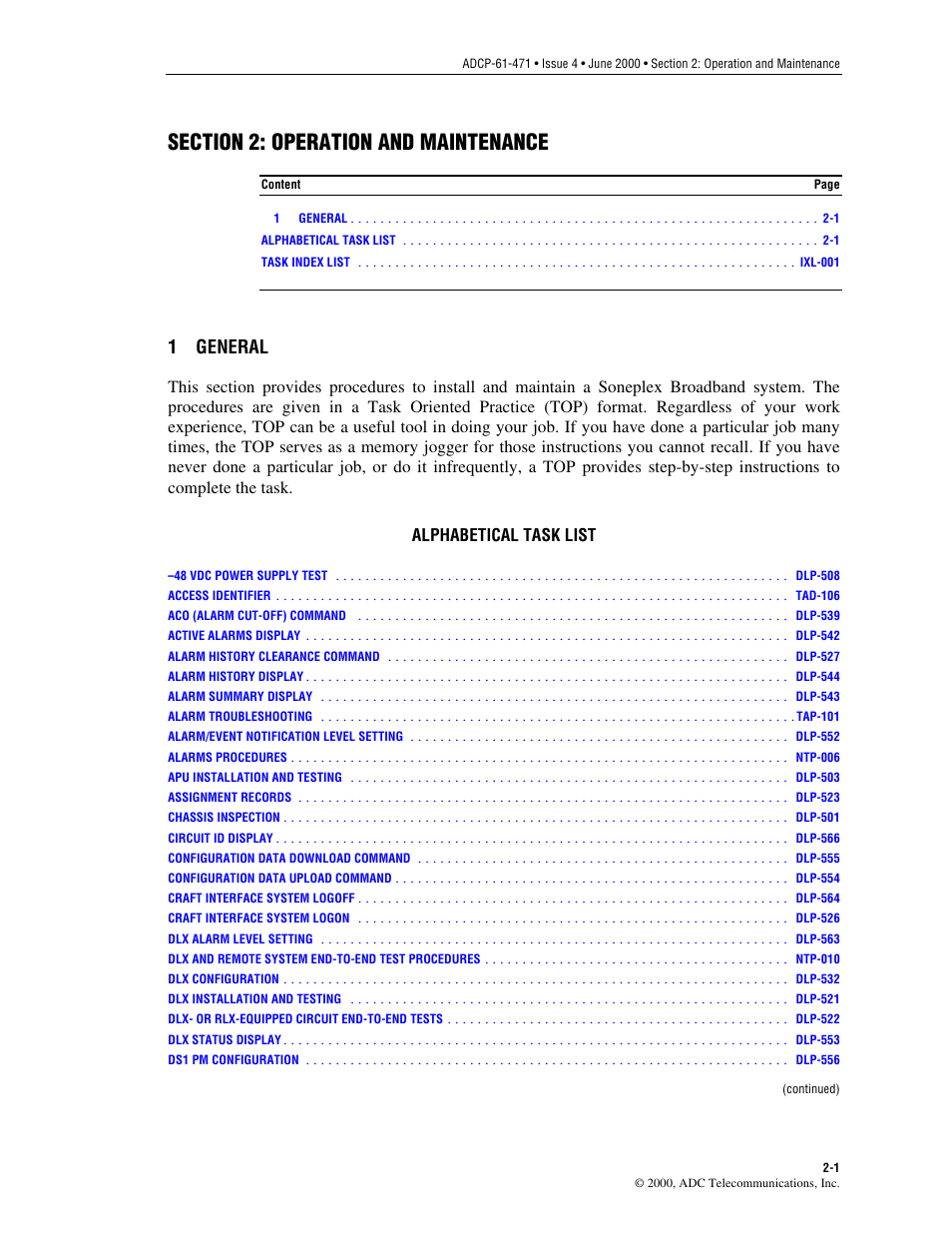 General, Alphabetical task list, Section 2 | Operation and maintenance, General -1, Alphabetical task list -1, 1 general | ADC Soneplex Broadband System User Manual | Page 24 / 342