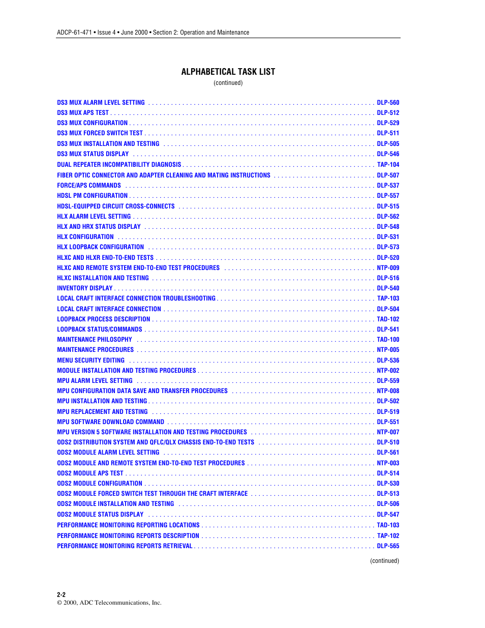 Alphabetical task list | ADC Soneplex Broadband System User Manual | Page 25 / 342