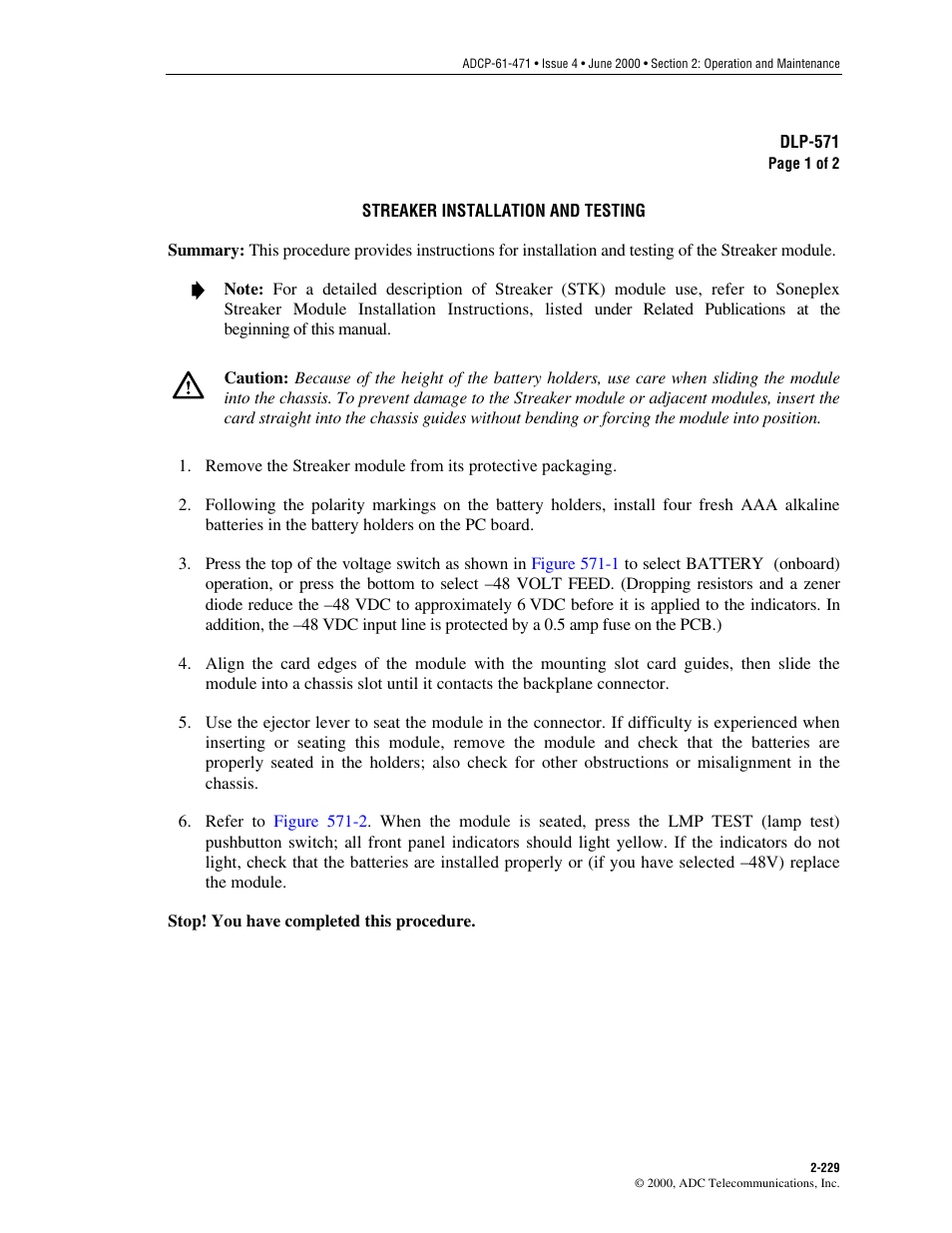 Streaker installation and testing, Dlp-571 | ADC Soneplex Broadband System User Manual | Page 252 / 342