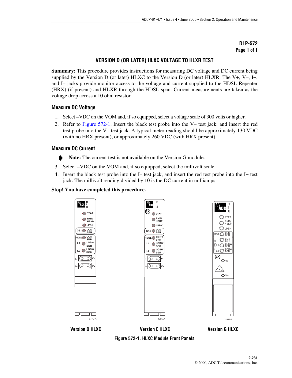 Version d (or later) hlxc voltage to hlxr test, Dlp-572, Page 1 of 1 | ADC Soneplex Broadband System User Manual | Page 254 / 342