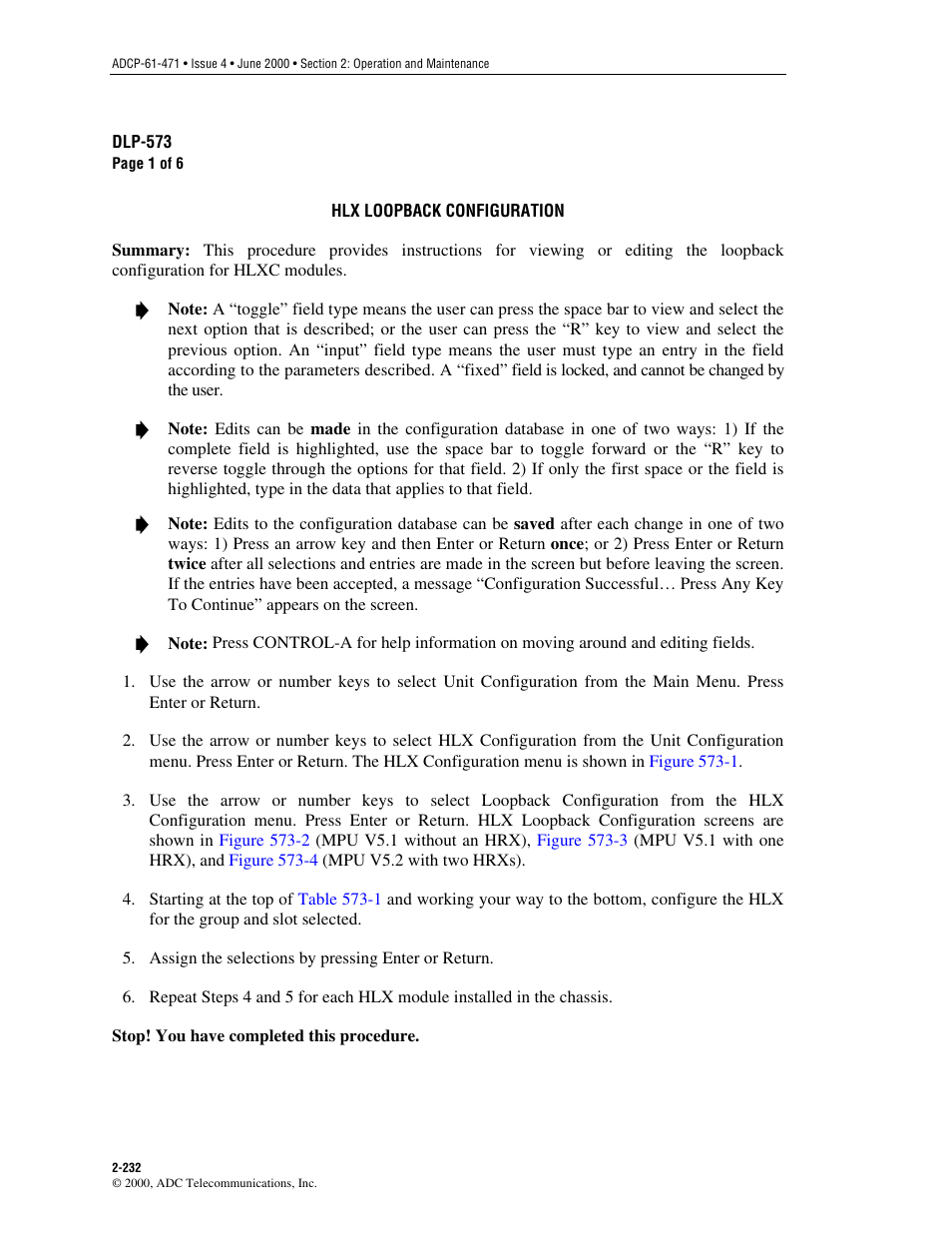 Hlx loopback configuration, Dlp-573 | ADC Soneplex Broadband System User Manual | Page 255 / 342